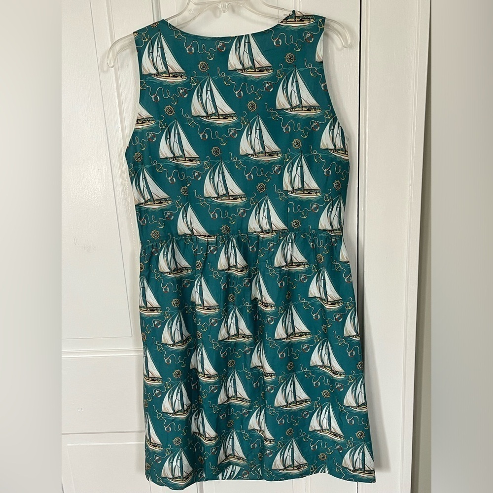 Garnet Hill 100% Cotton Sleeveless Sailboat Novelty Dress Size 12P Turquoise